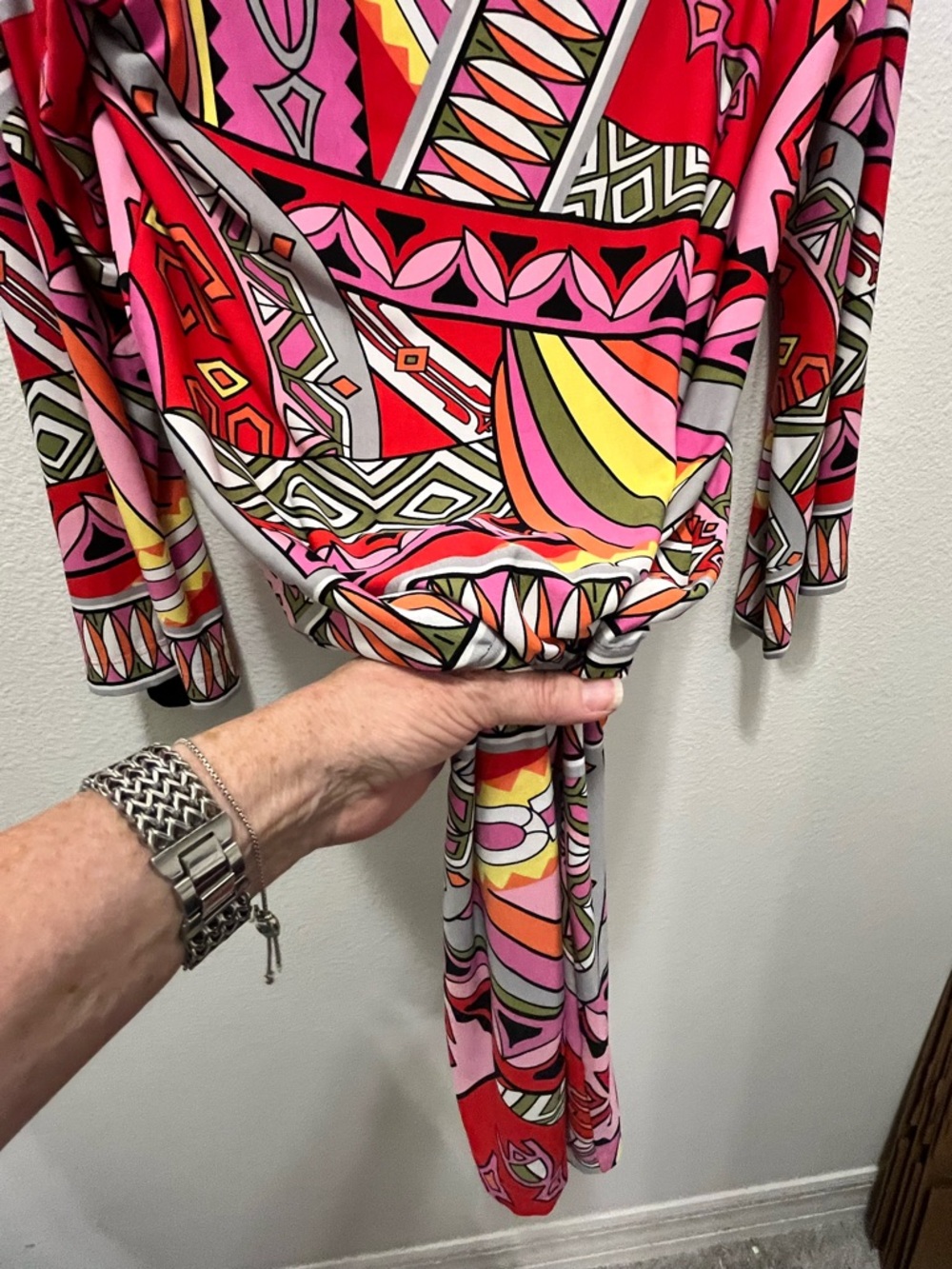 Boston Proper Pink, Red and Yellow Geometric Long Sleeve Dress w/Elastic Waist - Picture 5 of 6